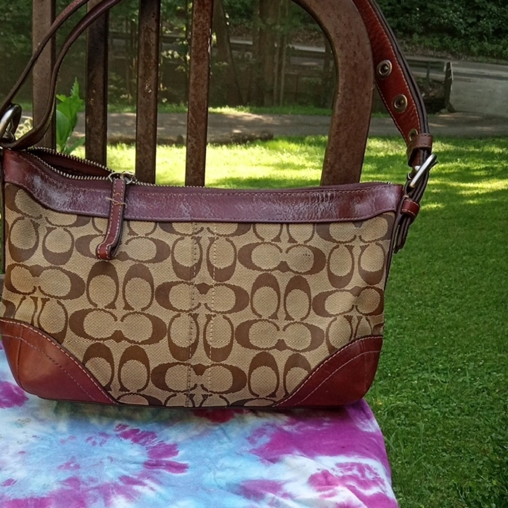 Coach Brown and Tan Signature Shoulder Bag